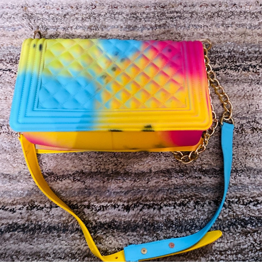 Jelly Multicolor Quilted Crossbody Purse- Blue, Yellow & Pink (9)